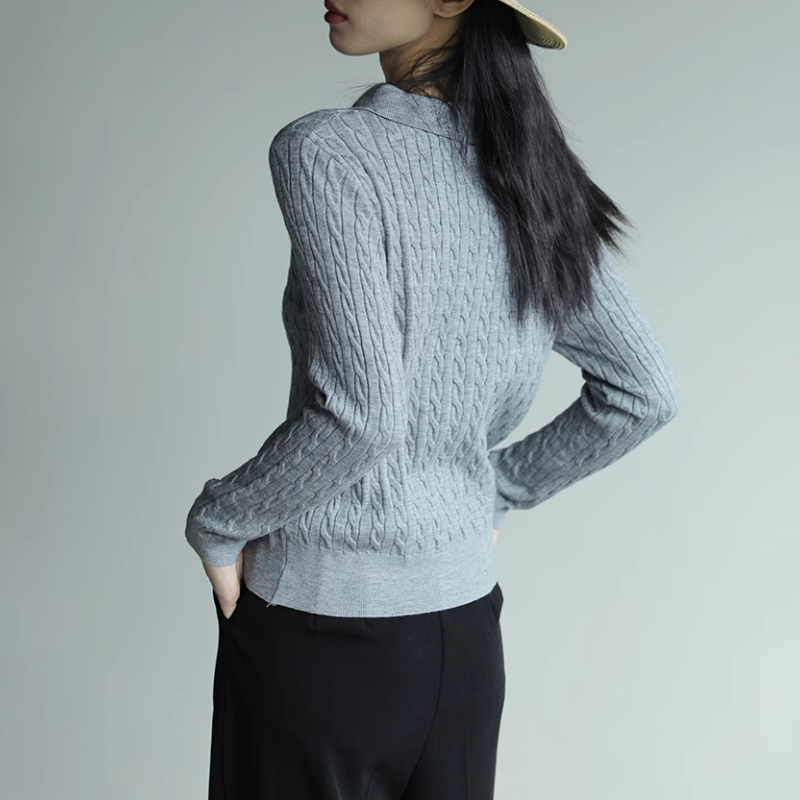 復古灰色翻領刺繡針織衫 通勤麻花毛衣顯瘦上衣
