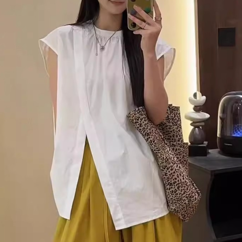 不規則側開高衩飛袖襯衫 夏季寬鬆設計感休閒氣質上衣