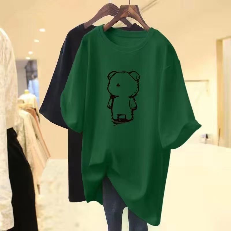 純棉熊熊印花寬鬆短袖T恤 中長版休閒百搭款