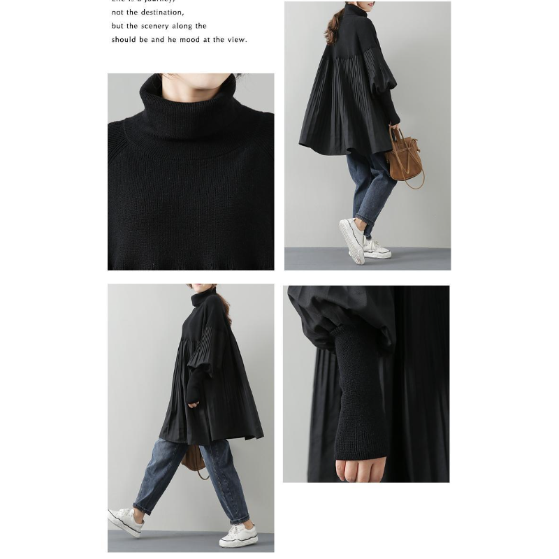 高領針織拼接百褶上衣 寬鬆剪裁 素色氣質 秋冬百搭