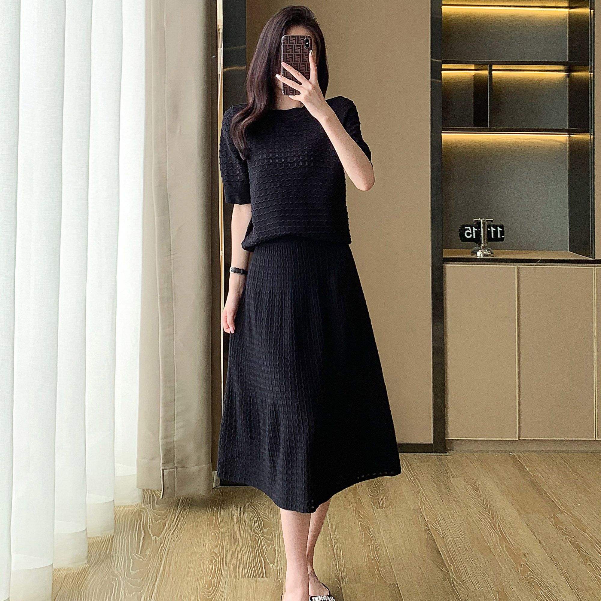 小香風鏤空針織套裝 法式刺繡透膚傘狀裙可拆式兩穿上下套裝