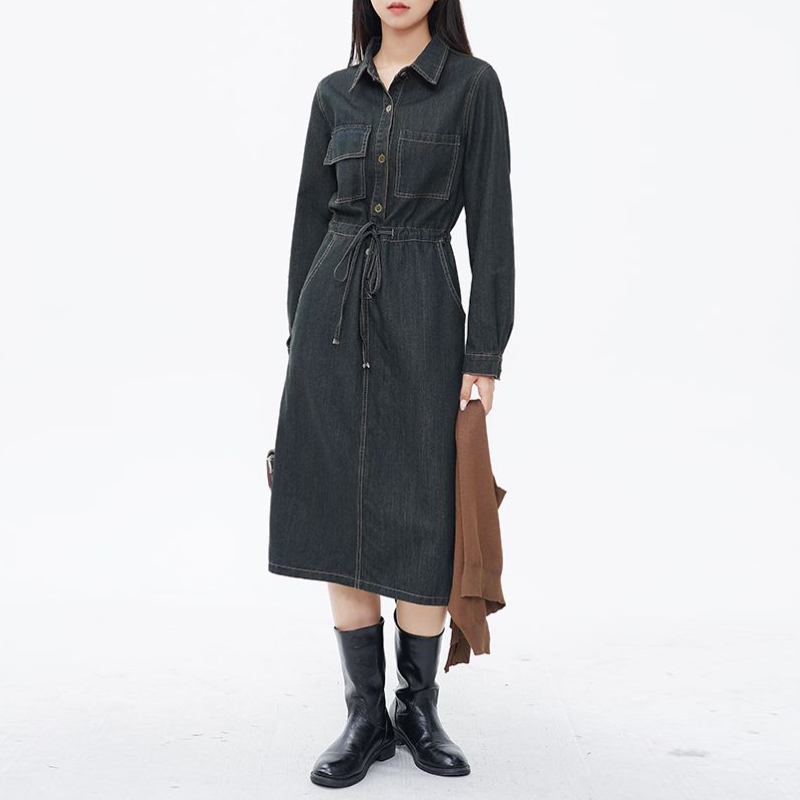 針織披肩牛仔連身裙 秋季新款顯瘦復古收腰系帶設計感撞色長洋 (附披肩)