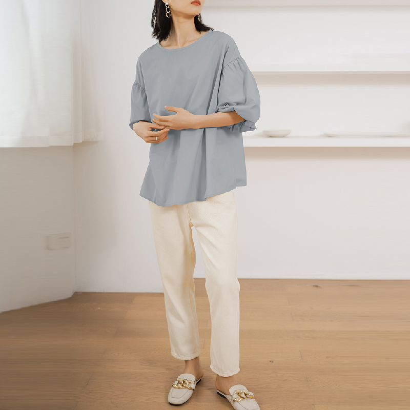 樂天新款 日韓寬鬆大版棉質襯衫 超大燈籠袖圓領五分袖上衣