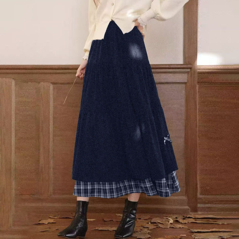 燈心絨拼接格紋長裙 高腰A字版 加厚保暖 日系氣質半身裙