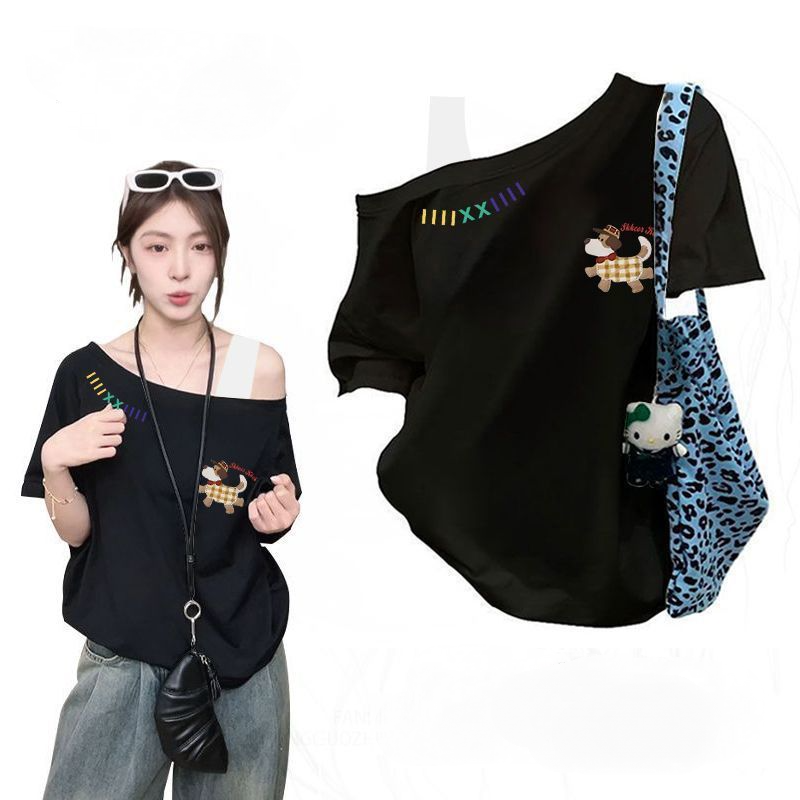 純棉復古印花斜肩假兩件短袖T恤 休閒百搭款