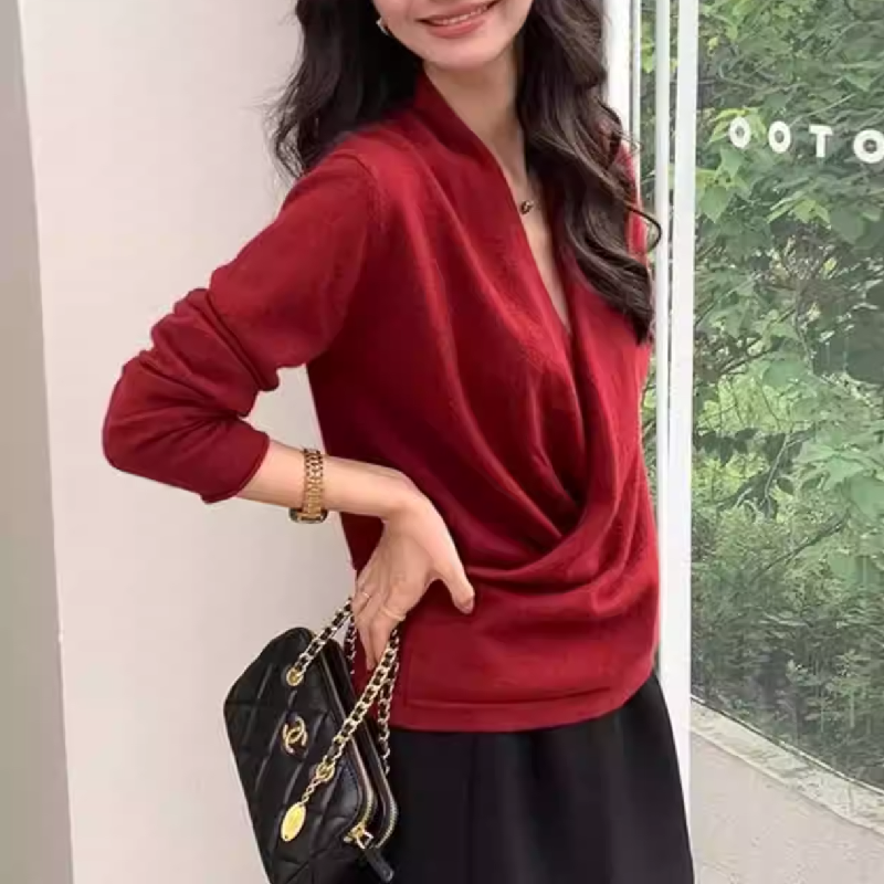 V領秋冬寬鬆上衣 性感交叉造型素面渡假長袖針織衫