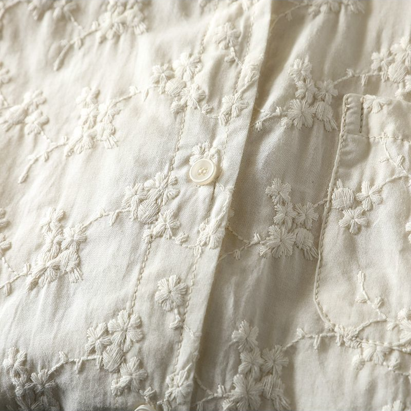 純棉刺繡提花立領襯衫 法式優雅寬版上衣 透氣親膚長袖白襯衫 休閒穿搭學院風顯瘦