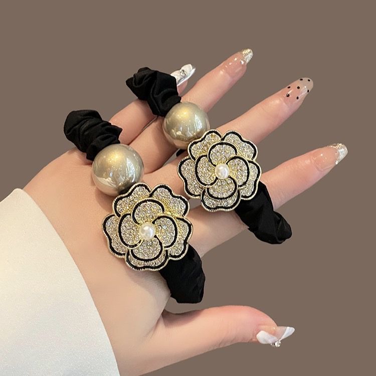 花朵珍珠髮圈 水鑽點綴設計 氣質綁髮髮飾 優雅百搭款