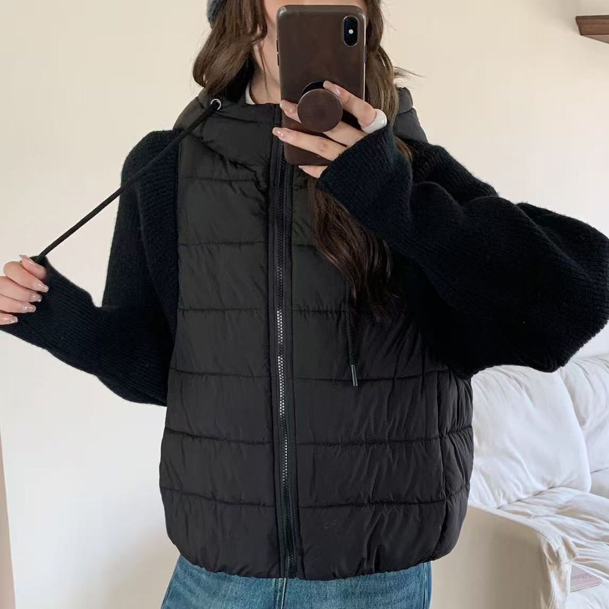 針織拼接連帽鋪棉外套 短版輕量 保暖不臃腫（小個子友善）