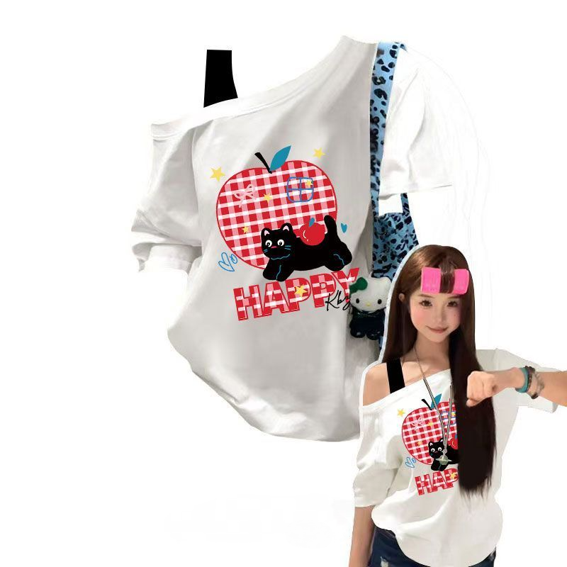 美式蘋果印花斜肩假兩件短袖T恤 寬鬆休閒百搭款