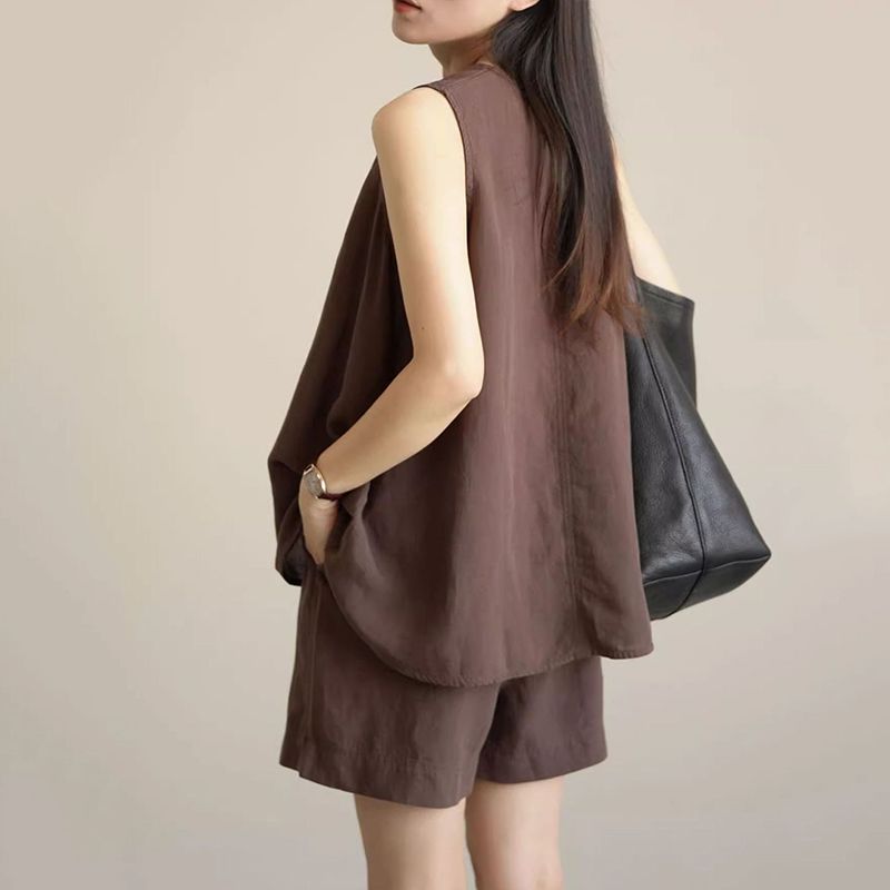 棉麻素面無袖背心＋短褲兩件式套裝 寬鬆透氣休閒款（可單買）