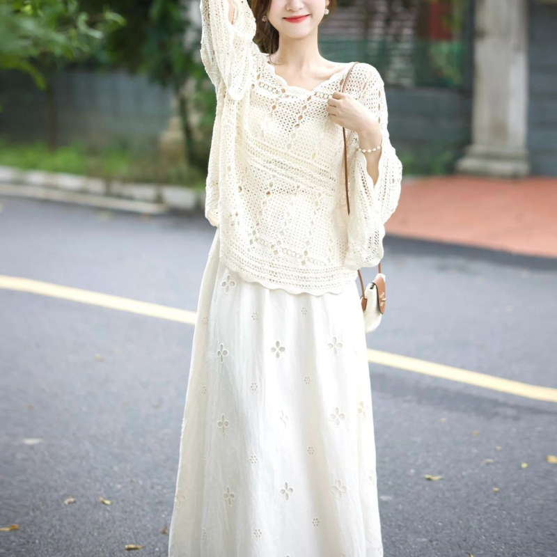 【單品可選】溫柔風兩件式套裝 鏤空長袖上衣+半身長裙 氣質減齡