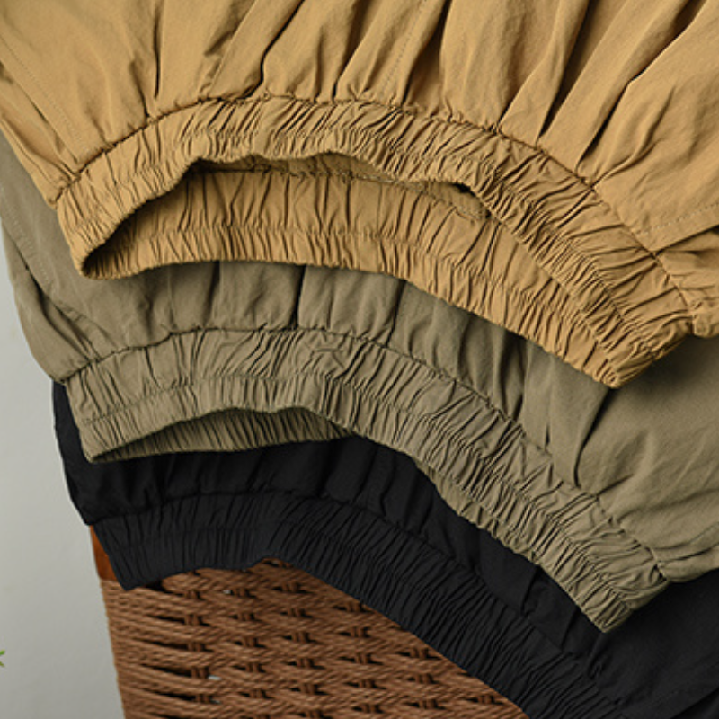 純棉寬版中長褲 鬆緊腰設計 文青休閒風