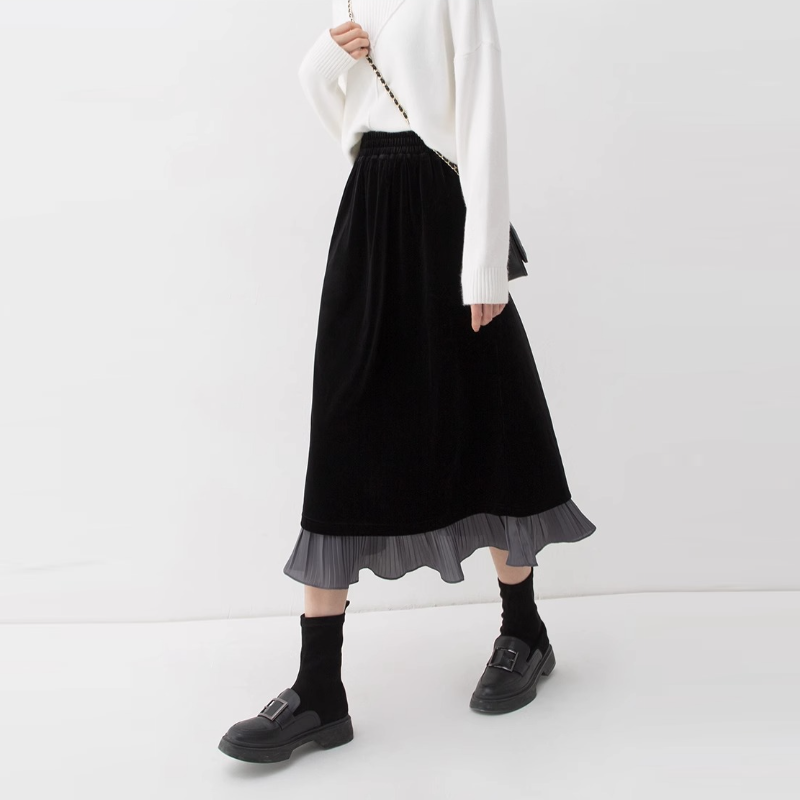 多巴胺絲絨撞色半身裙女2024秋冬新款黑色高腰氣質半裙假兩件