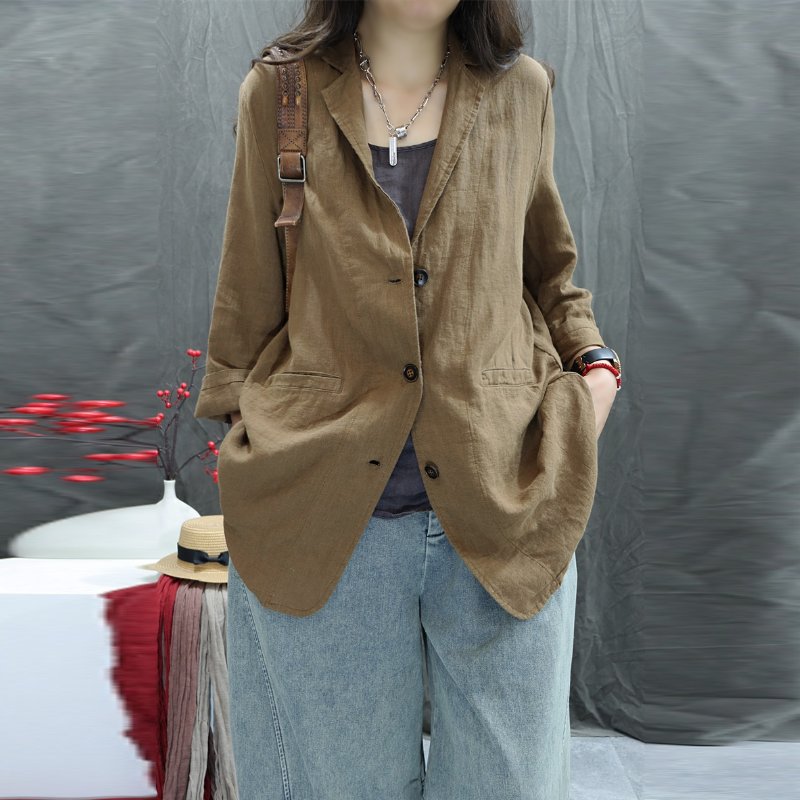 棉麻小西裝外套 春秋薄款 寬鬆版 文青復古 好搭休閒