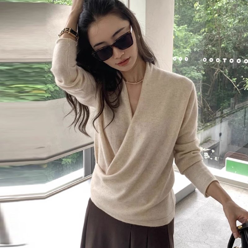 V領秋冬寬鬆上衣 性感交叉造型素面渡假長袖針織衫