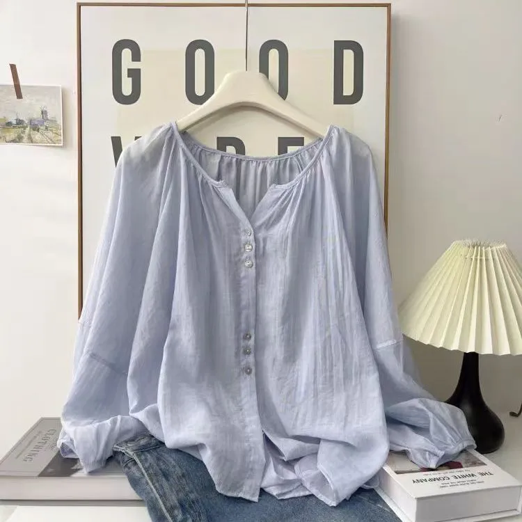 韓系雪紡開襟罩衫 輕薄防曬 寬鬆疊穿 圓領排釦 蓬袖