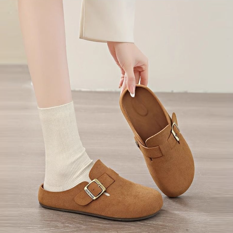 簡約包頭半拖鞋 可調扣帶設計 平底舒適 百搭休閒款