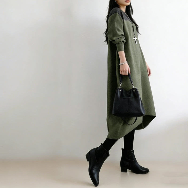 撞色拼接長版洋裝 寬鬆剪裁 圓領設計 秋冬耐看百搭