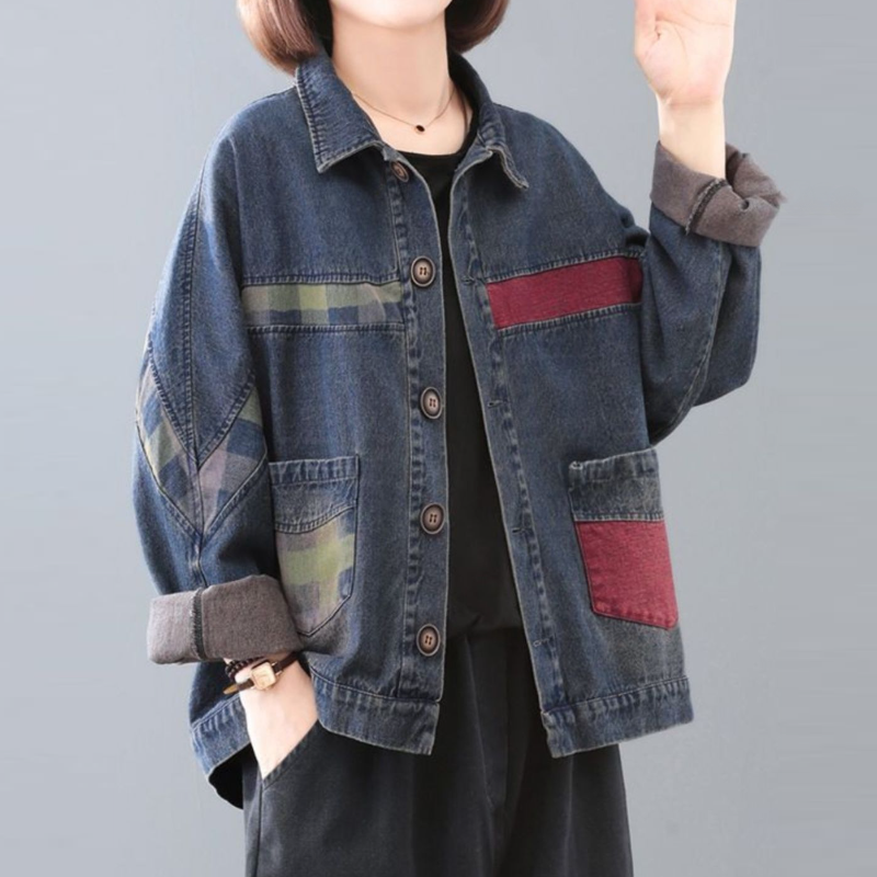 復古拼布丹寧外套 大尺碼寬鬆 厚質保暖