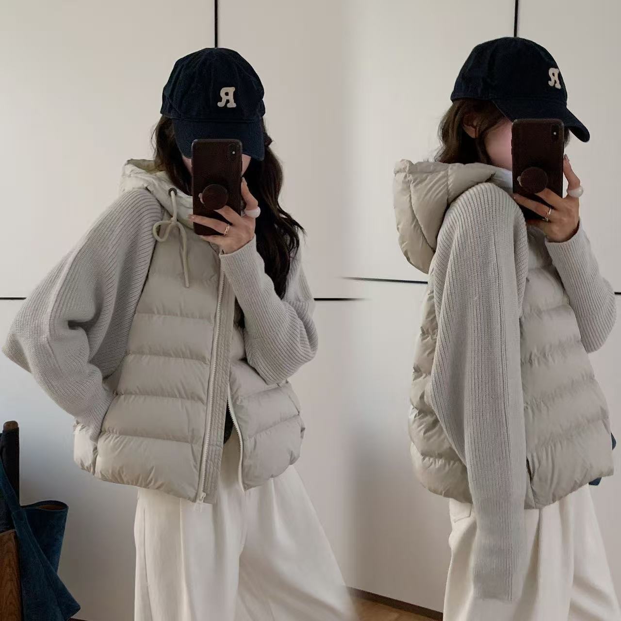 針織拼接連帽鋪棉外套 短版輕量 保暖不臃腫（小個子友善）