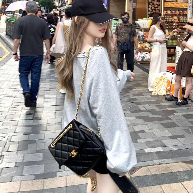 韓系綁帶斜肩寬鬆大學T 慵懶感套頭長袖上衣