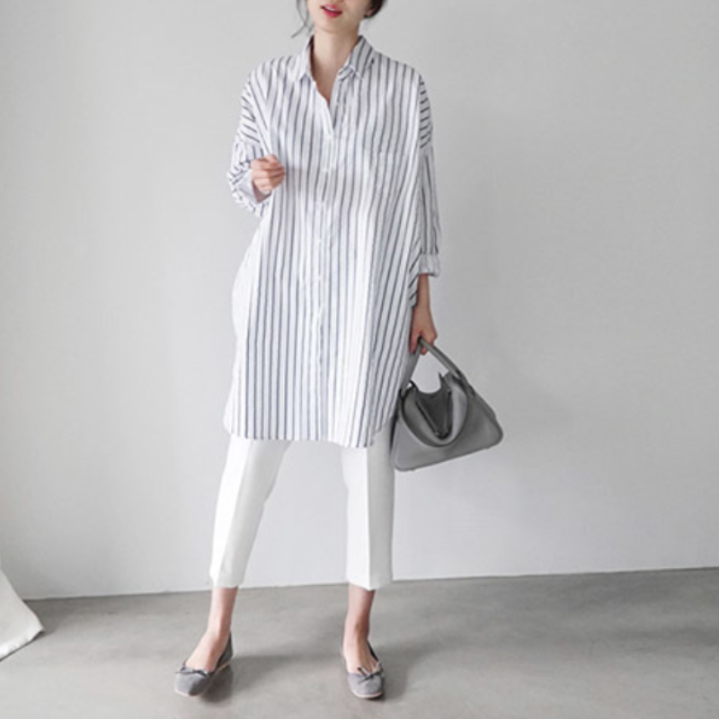 韓系純棉寬鬆版型條紋罩衫襯衫 過膝藏肉剪裁 慵懶風寬袖翻領上衣外套