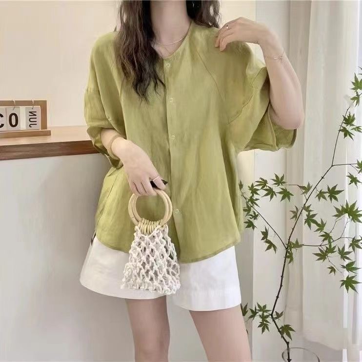 韓系簡約風素面寬鬆短袖襯衫 百搭顯瘦上衣