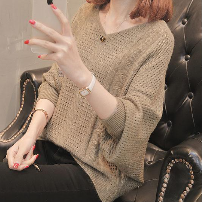 寬鬆蝙蝠袖洞洞毛衣 V 領鏤空針織上衣 韓系休閒