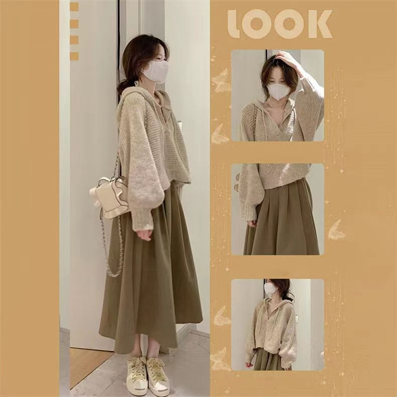 【單品可選】優雅韓系套裝 連帽針織上衣秋冬新款溫柔半身裙兩件套
