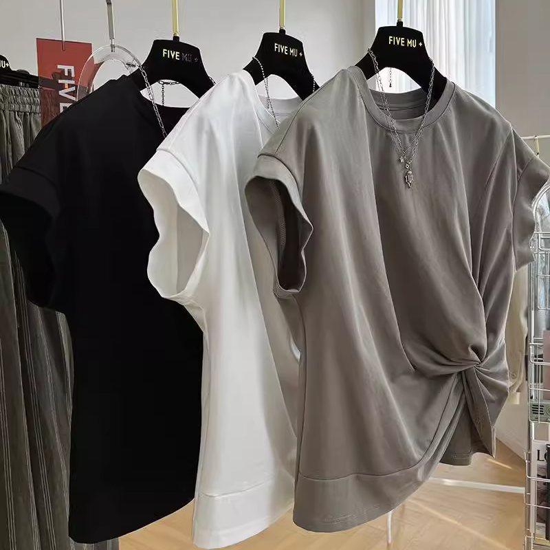 設計感純棉獨特褶皺不規則圓領短袖T恤 半袖上衣