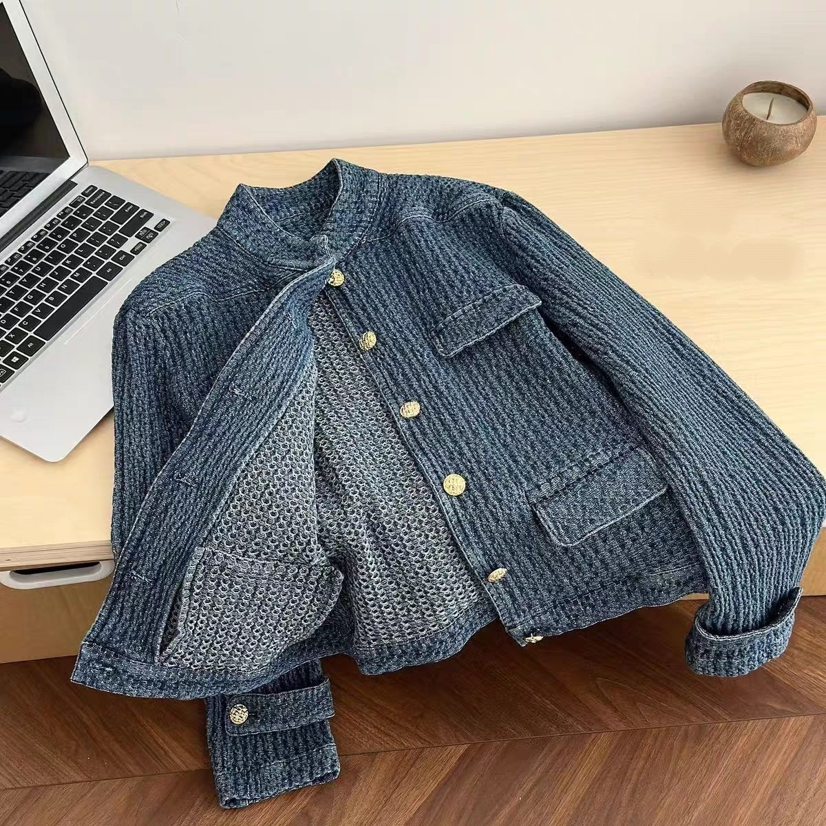 小香風丹寧短版外套 立領金釦 藍色復古感 外搭