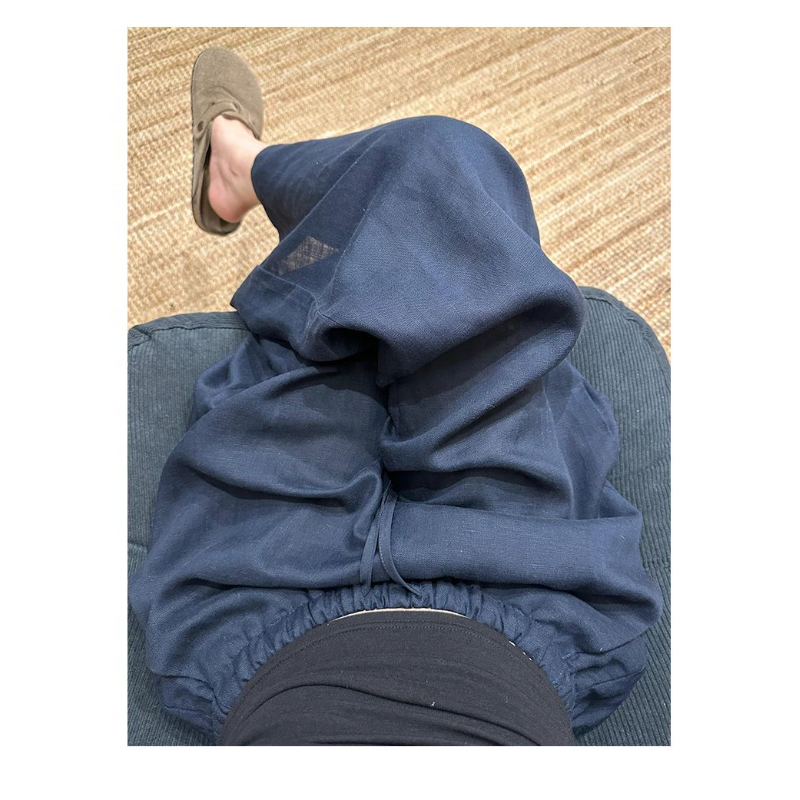 藏青亞麻混紡涼感寬褲 夏季高腰 垂墜感 直筒寬鬆 顯瘦長褲