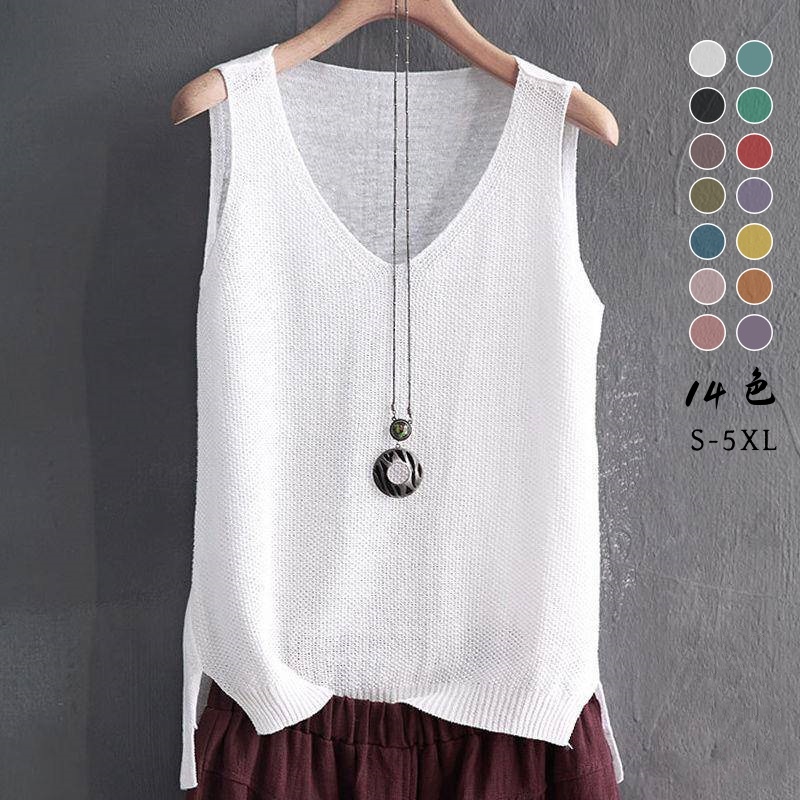 必備百搭款 棉麻 針織 寬鬆 V領 休閒 打底衫 無袖 背心