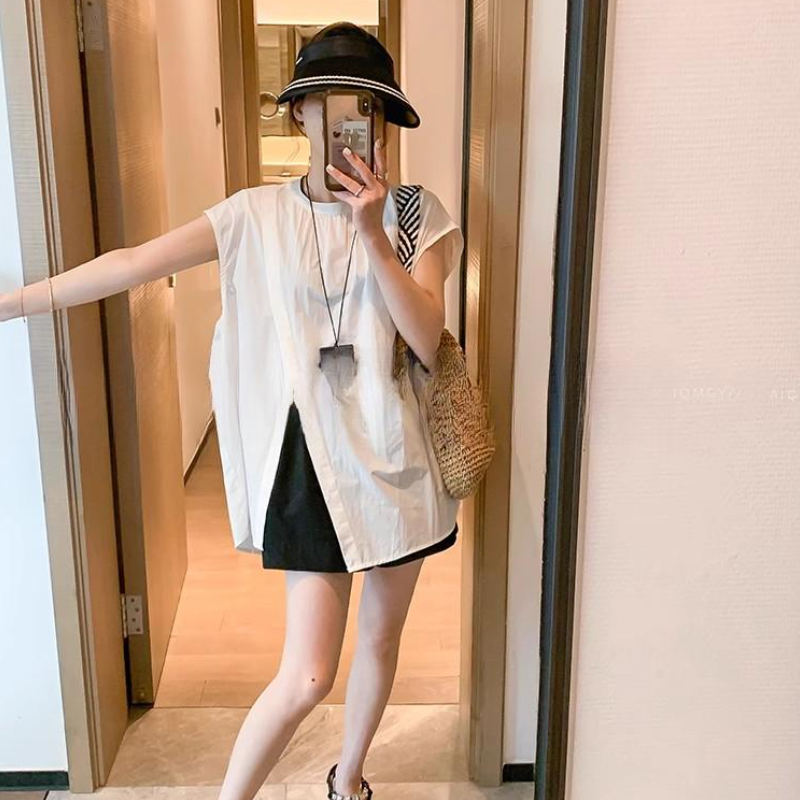 不規則側開高衩飛袖襯衫 夏季寬鬆設計感休閒氣質上衣