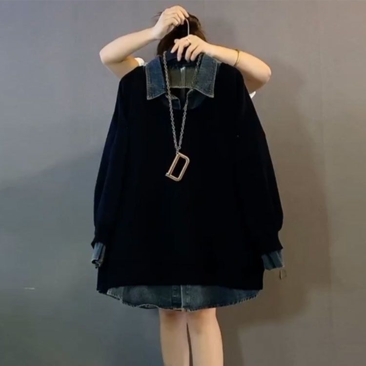 大尺碼牛仔領拼接大學T 休閒寬版POLO領上衣 遮肉顯瘦