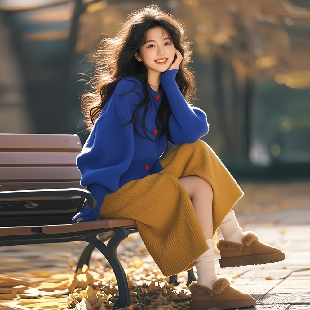 韓系溫柔穿搭 氣質高級感針織上衣+半身裙兩件套