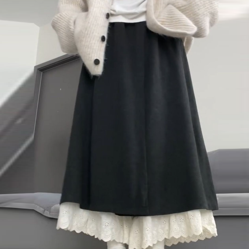 深灰蕾絲拼接褲裙 闊腿垂墜感 嬌小友善 秋季新款