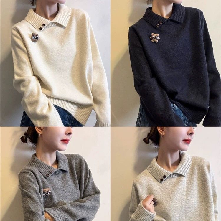 POLO領設計感針織上衣 卡通胸針造型 秋冬氣質毛衣