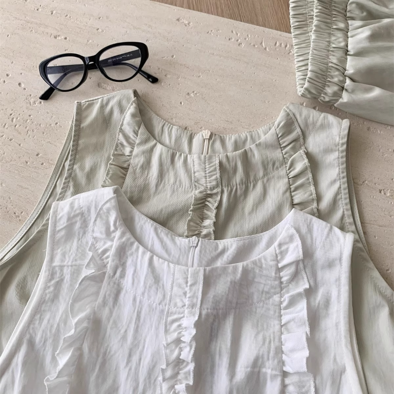 韓系木耳邊背心＋寬褲兩件式套裝 寬鬆修身顯瘦款 大尺碼友善版型