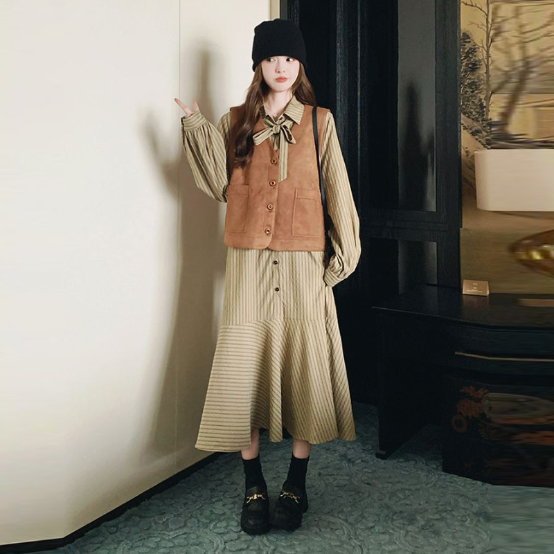 韓系條紋襯衫洋裝＋背心 兩件式套裝 長袖成套穿搭 設計感新款