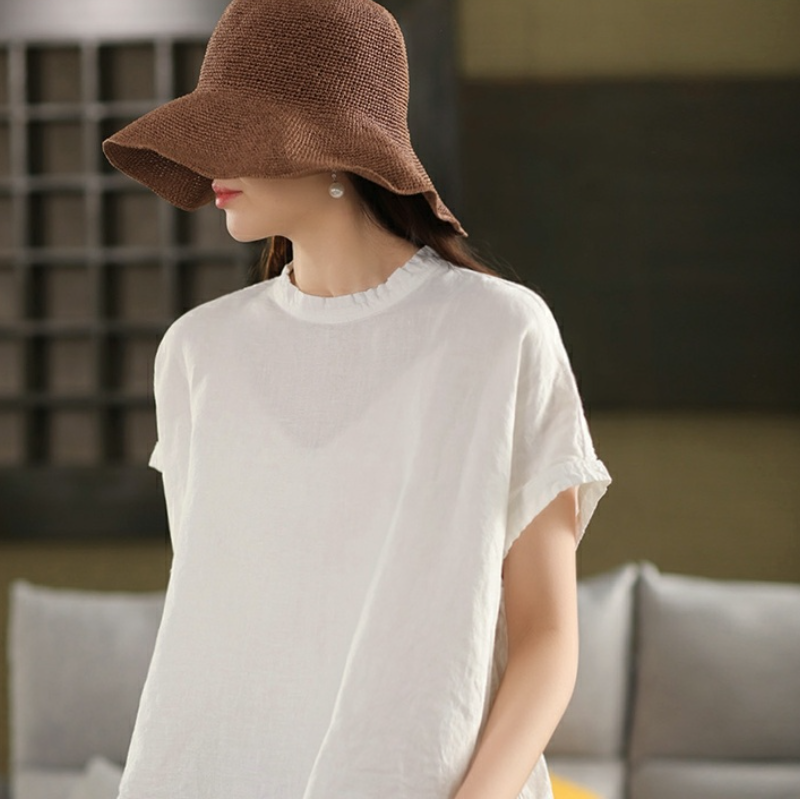 夏季亞麻短袖上衣 文青復古風寬鬆T恤襯衫 遮手臂顯瘦百搭款