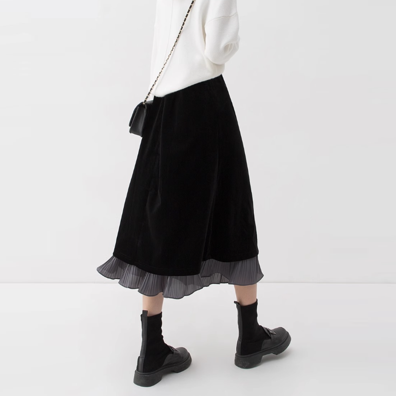 多巴胺絲絨撞色半身裙女2024秋冬新款黑色高腰氣質半裙假兩件