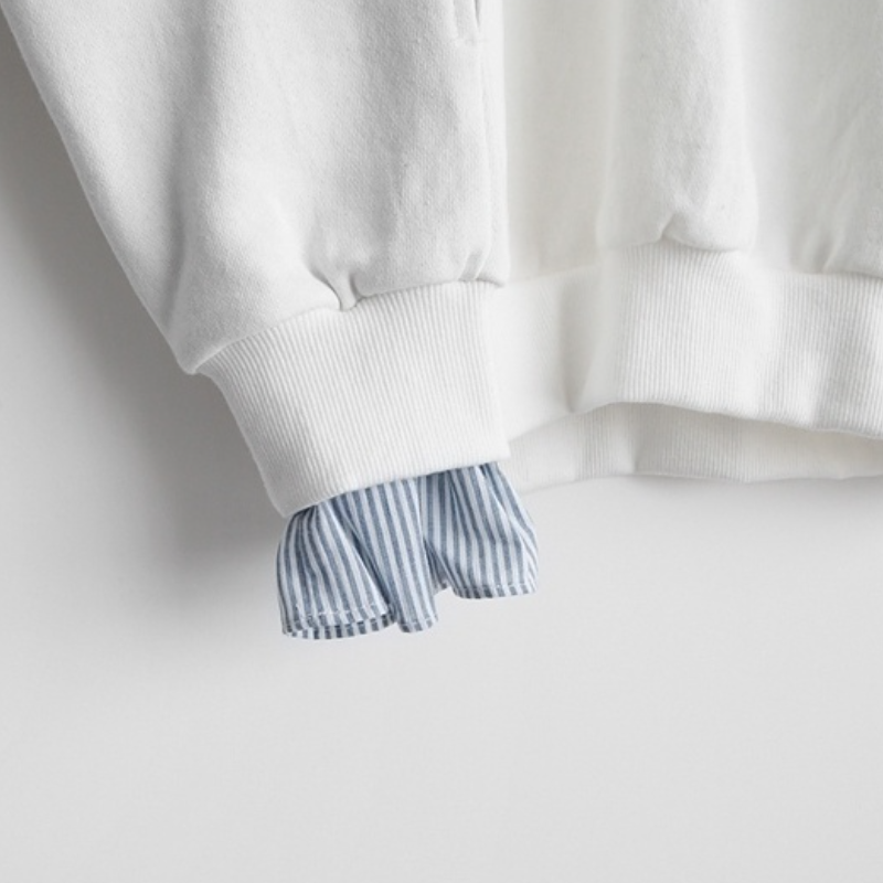 【春人気商品】【2色/M-2XL】薄款假兩件圓領白色TEE襯衫 韓版條紋寬鬆上衣