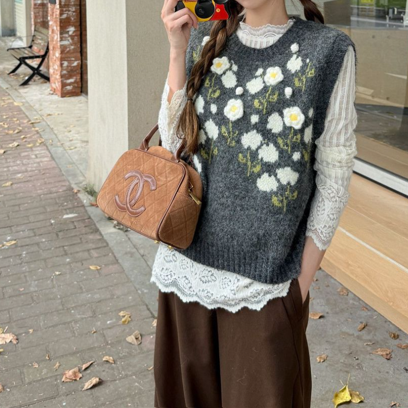 【單品可選】韓系提花針織背心+蕾絲拼接上衣 秋季寬鬆慵懶風背心 花卉刺繡設計