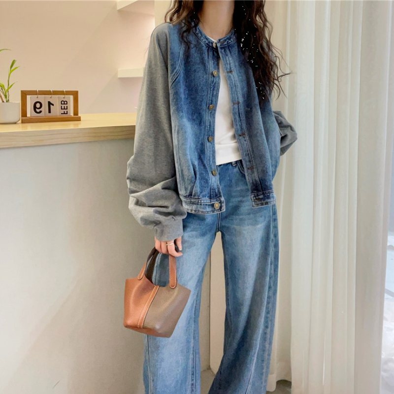 假兩件拼接牛仔外套 早秋新款 歐風時尚寬鬆外套上衣外搭