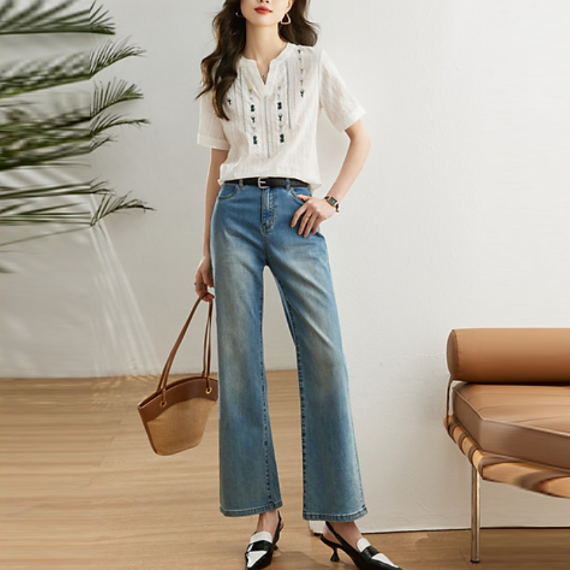 簡約純棉刺繡白色襯衫 百搭短袖寬鬆民族風V領上衣