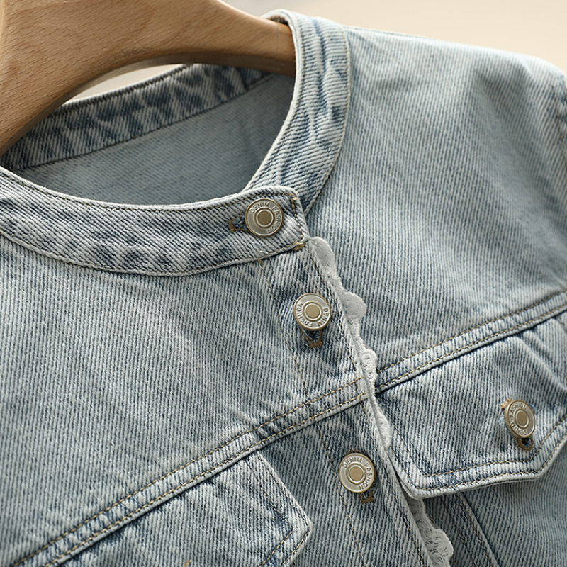 蕾絲花邊拼接牛仔外套 復古水洗短版 韓系休閒款