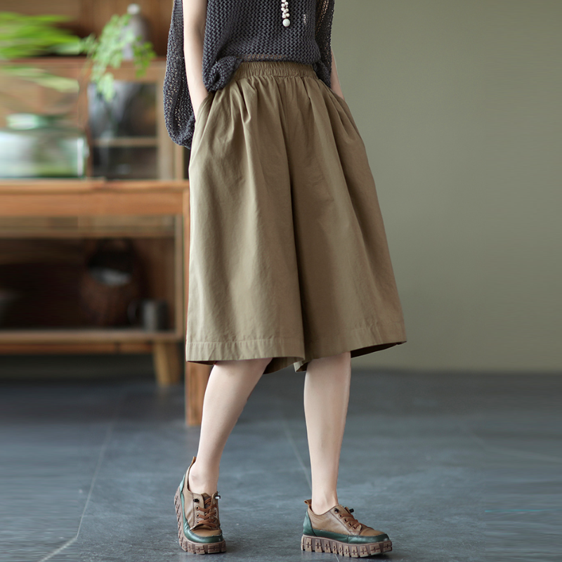 純棉寬版中長褲 鬆緊腰設計 文青休閒風