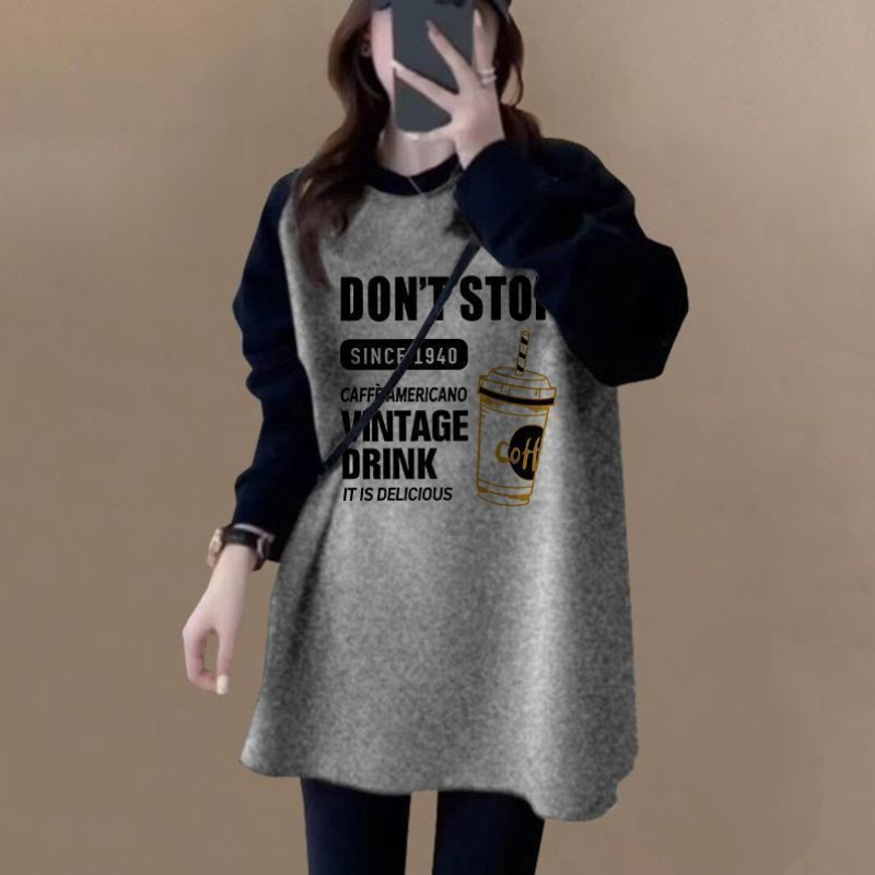 長版拼色磨毛上衣 寬鬆顯瘦 加厚保暖 搭配鯊魚褲超好看